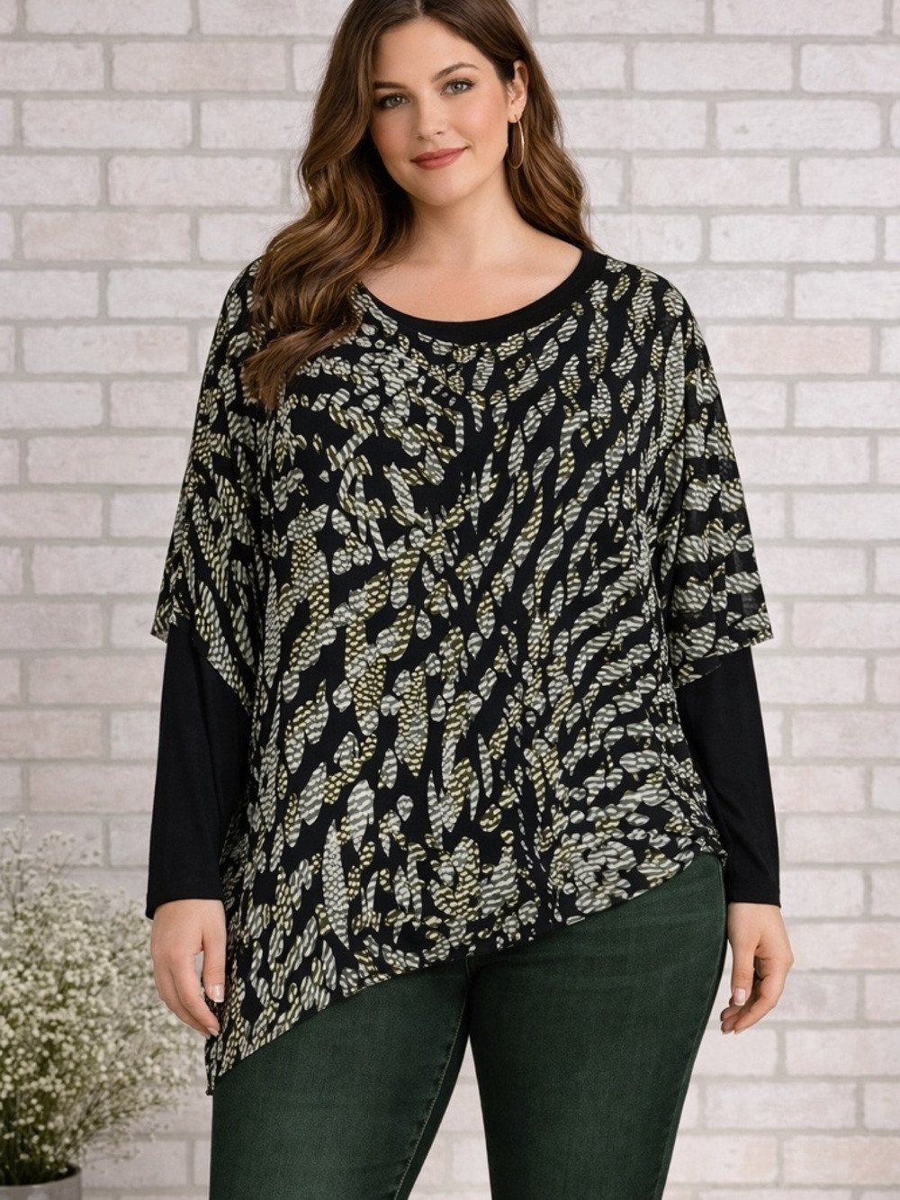 Lane Bryant Abstract Black & Olive Printed Dolman Sleeve Layered Top Size 14/16